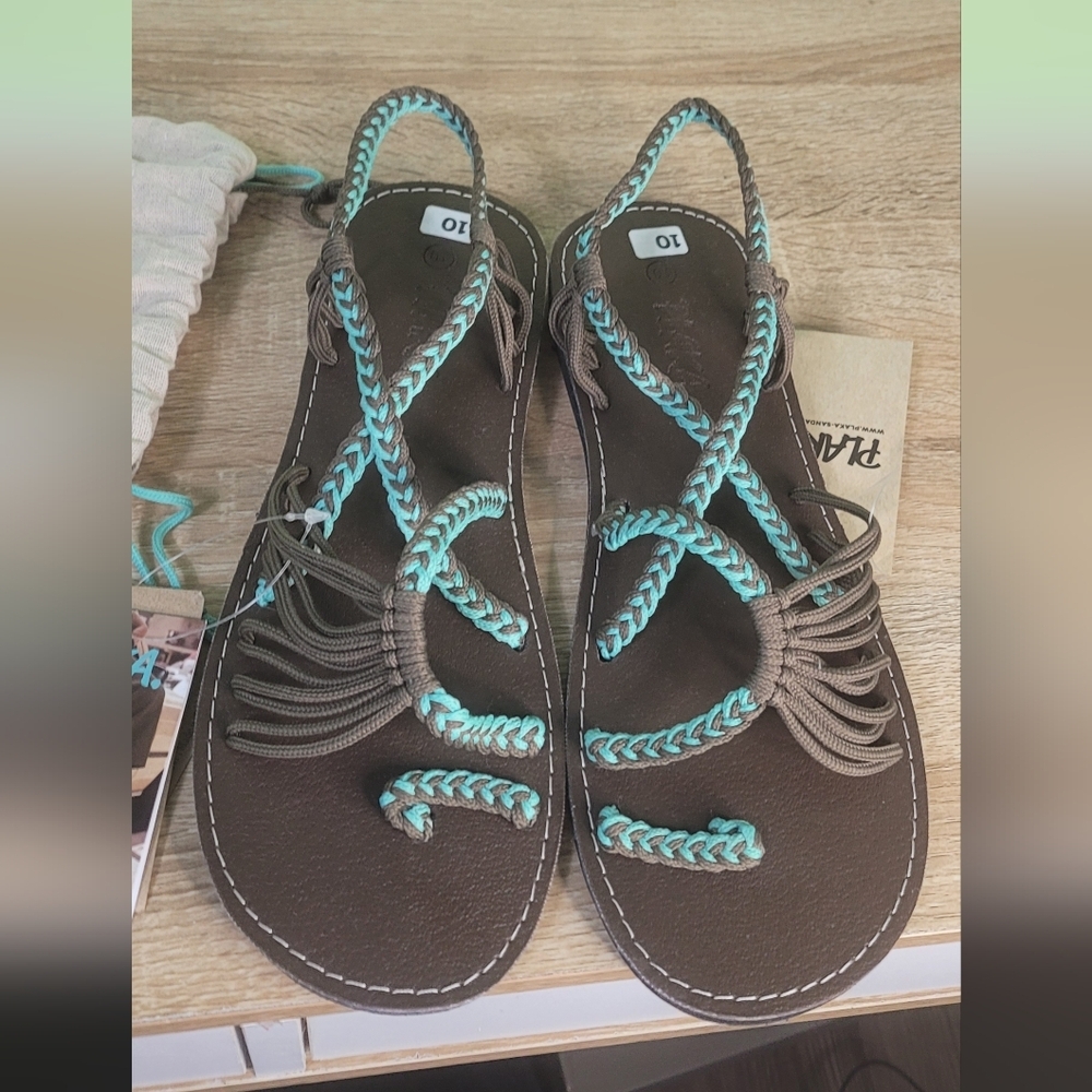 Plaka Woven Sandals Handmade Beach Summer Brown Turquoise NWT 10 - Picture 6 of 8